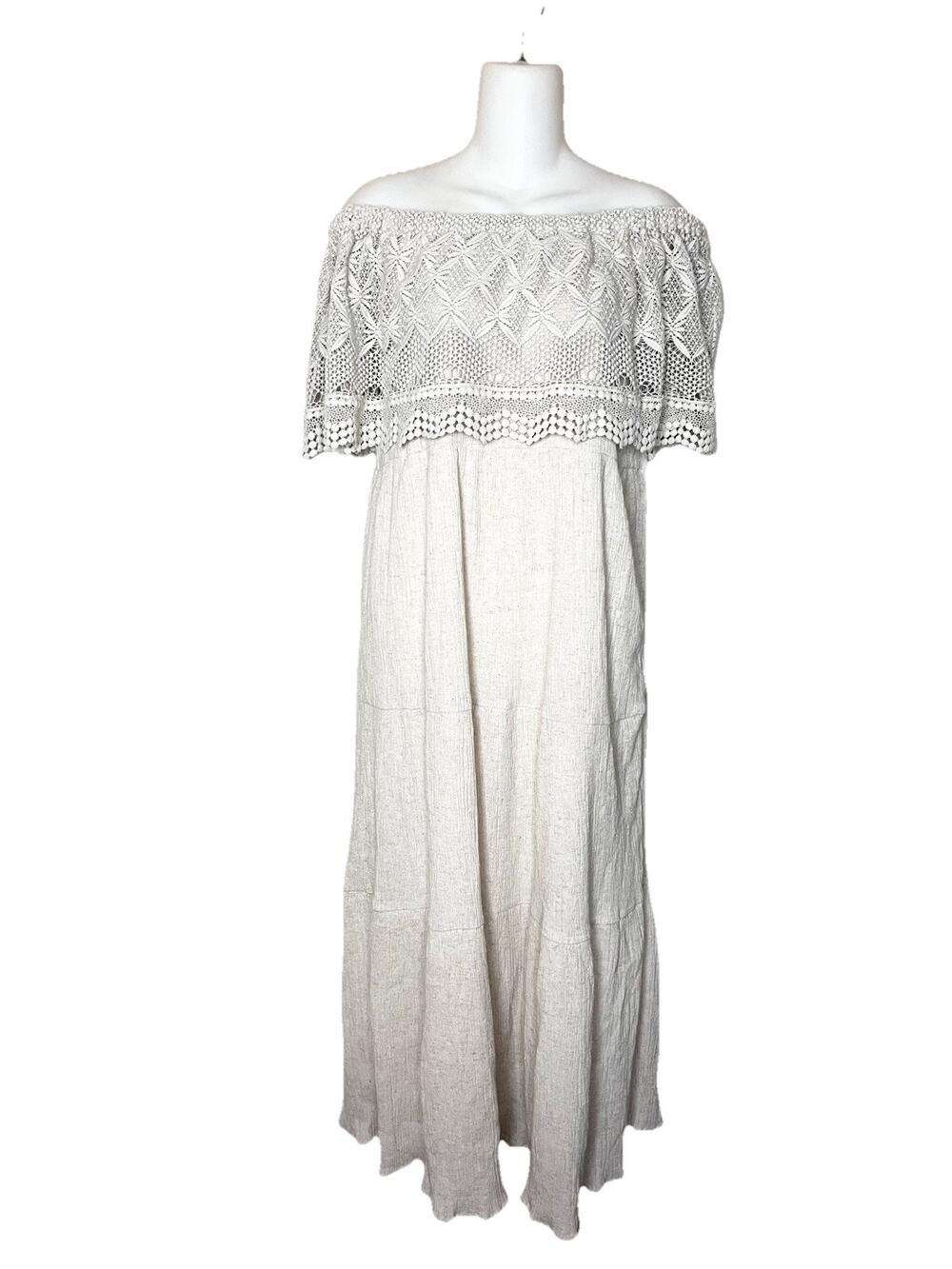 Soft Surroundings Brittsomar Off Shoulder Maxi Dress Lace Cotton Linen PS